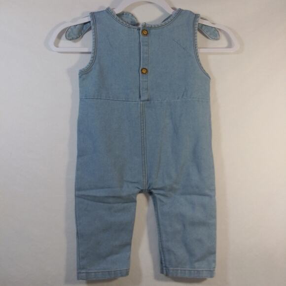 Baby Girls Denim Romper Solid Color Sleeveless Tie Knot Shoulder Jumpsuits - Picture 5 of 6